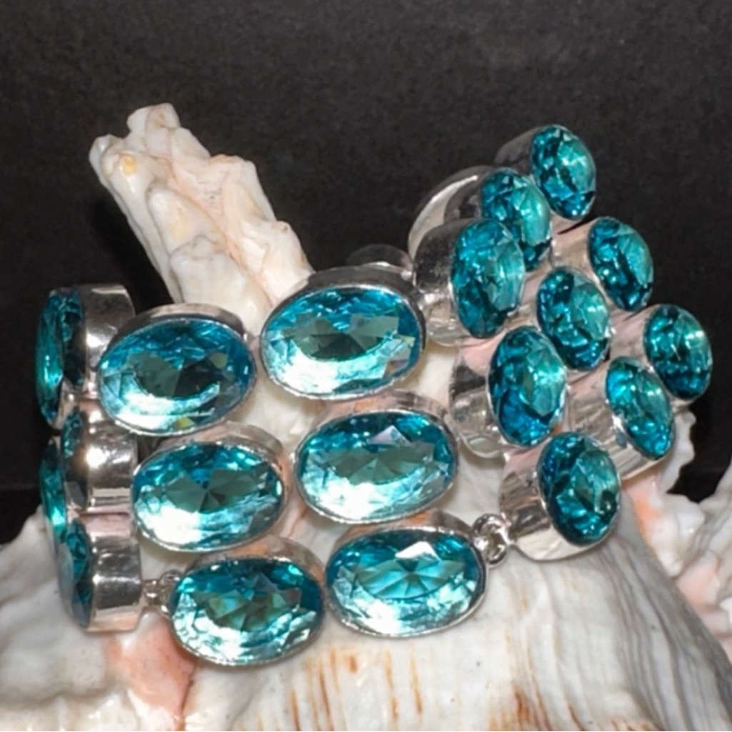 Sparkly 3-Tiered Blue Topaz Cluster Statement Cuff Bracelet
